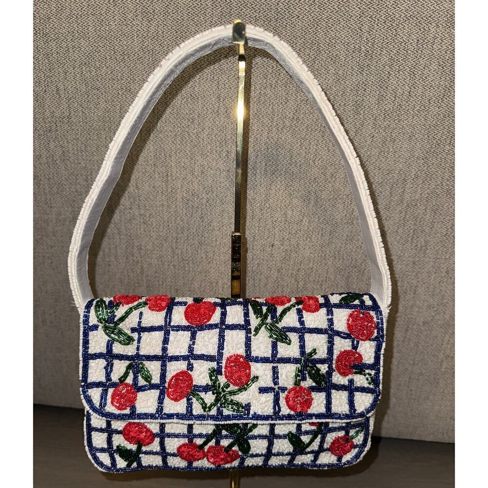 Hand Beaded Viral Cherry Checkered White Shoulder Evening Bag Coquette NWOT